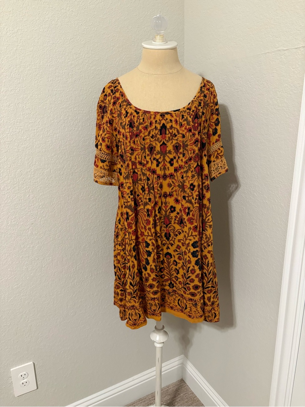 Ecote Mustard Floral Scoop-Neck Mini Dress